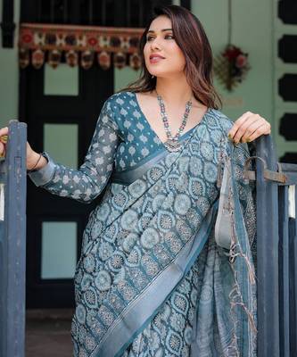 Teal printed art silk designer pallu saree 4