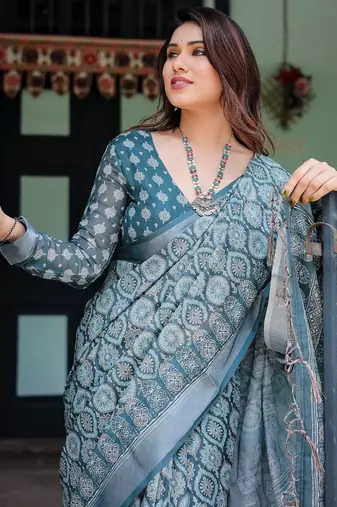 Teal printed art silk designer pallu saree