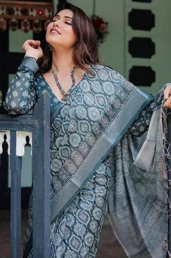 Teal printed art silk designer pallu saree