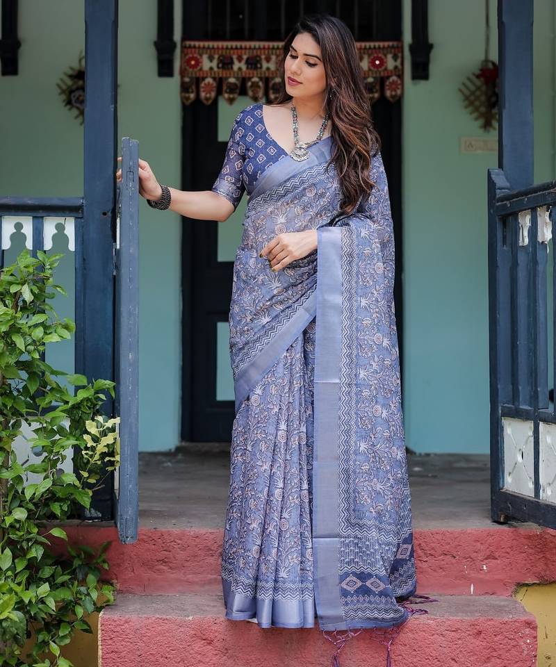 Light purple printed art silk designer pallu saree