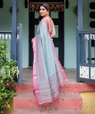 Light sky blue printed art silk designer pallu saree 3