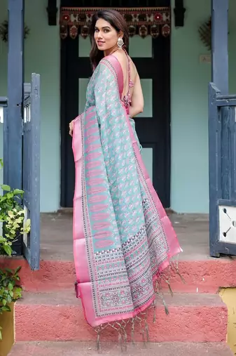 Light sky blue printed art silk designer pallu saree