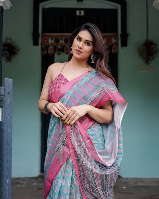 Light sky blue printed art silk designer pallu saree 5