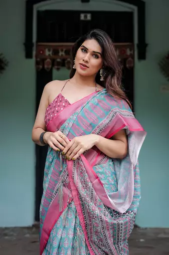 Light sky blue printed art silk designer pallu saree