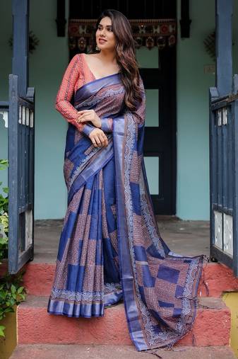 Blue printed art silk designer pallu saree