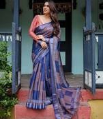Blue printed art silk designer pallu saree
