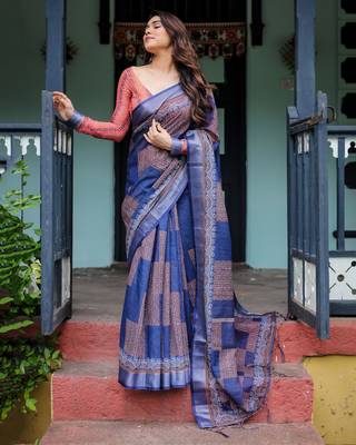 Blue printed art silk designer pallu saree 2
