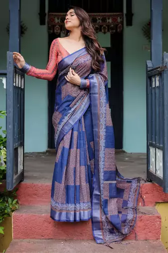 Blue printed art silk designer pallu saree