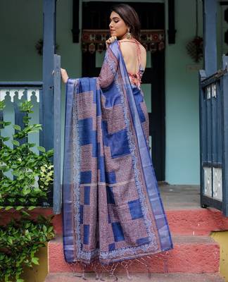 Blue printed art silk designer pallu saree 3