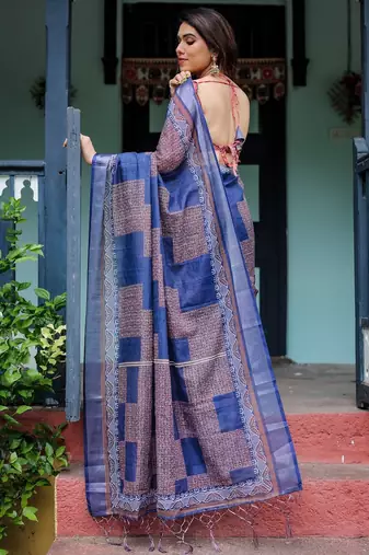 Blue printed art silk designer pallu saree