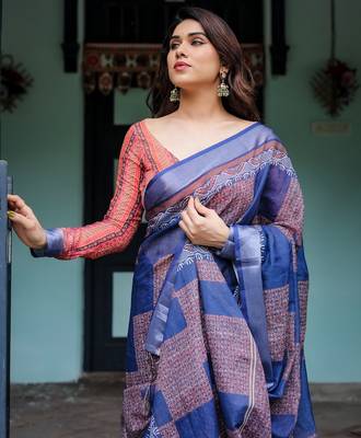 Blue printed art silk designer pallu saree 4