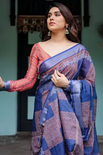 Blue printed art silk designer pallu saree
