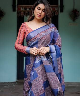 Blue printed art silk designer pallu saree 5