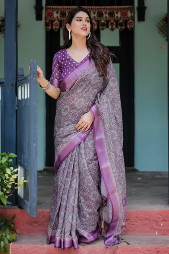 Grey printed art silk designer pallu saree