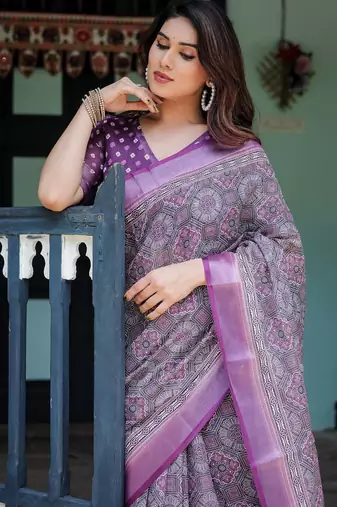 Grey printed art silk designer pallu saree