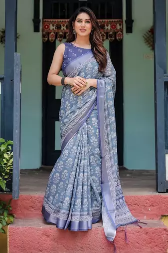 Grey printed art silk designer pallu saree