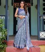 Grey printed art silk designer pallu saree