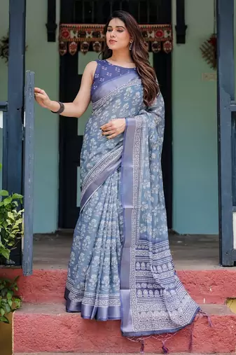 Grey printed art silk designer pallu saree