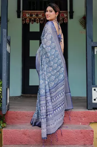 Grey printed art silk designer pallu saree