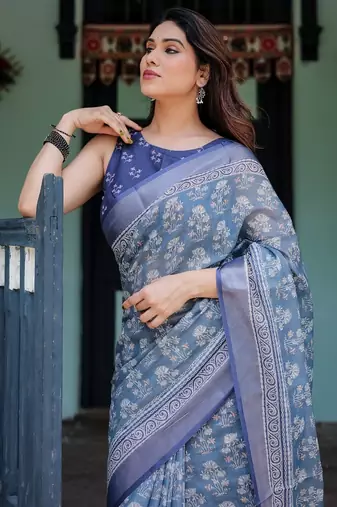 Grey printed art silk designer pallu saree