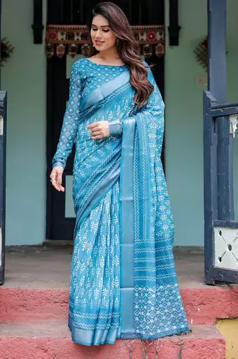 Sky blue printed art silk designer pallu saree