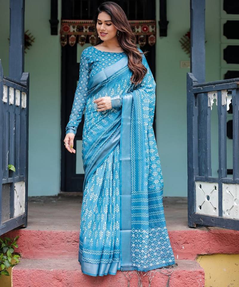 Sky blue printed art silk designer pallu saree