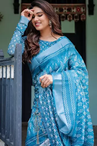 Sky blue printed art silk designer pallu saree