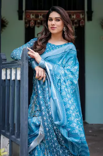 Sky blue printed art silk designer pallu saree