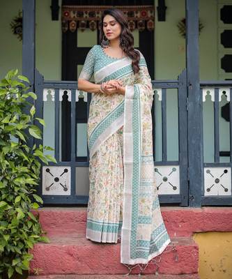White printed art silk designer pallu saree 1