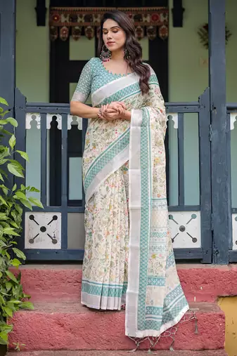 White printed art silk designer pallu saree
