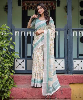 White printed art silk designer pallu saree 2