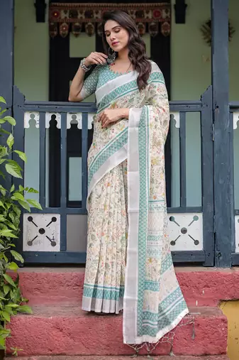 White printed art silk designer pallu saree