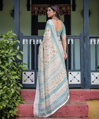 White printed art silk designer pallu saree 3
