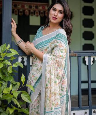 White printed art silk designer pallu saree 4