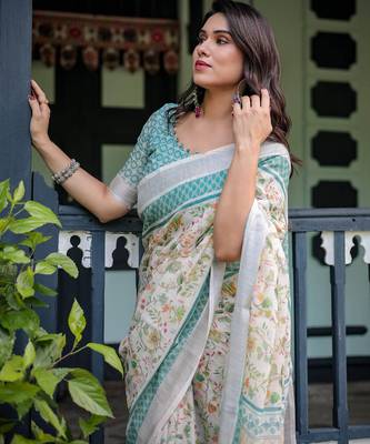 White printed art silk designer pallu saree 5