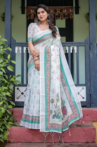 White printed art silk designer pallu saree