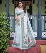 White printed art silk designer pallu saree