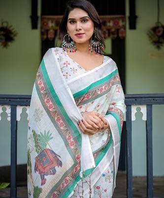White printed art silk designer pallu saree 4