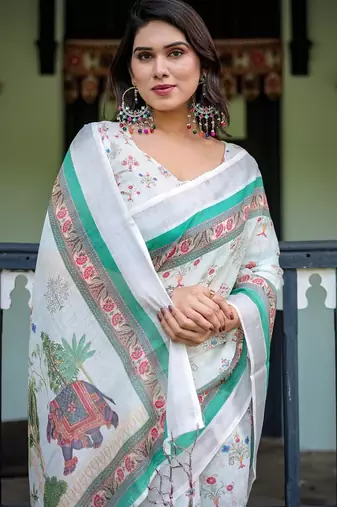 White printed art silk designer pallu saree