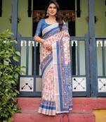 Cream printed art silk designer pallu saree