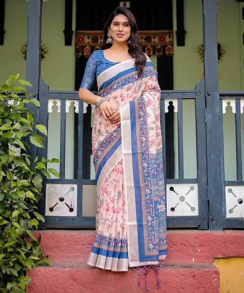 Cream printed art silk designer pallu saree