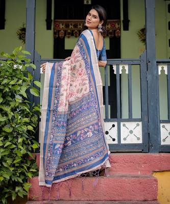 Cream printed art silk designer pallu saree 3
