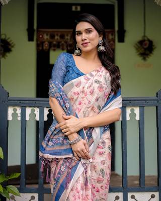 Cream printed art silk designer pallu saree 4