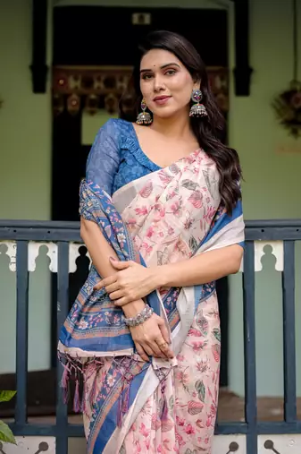 Cream printed art silk designer pallu saree