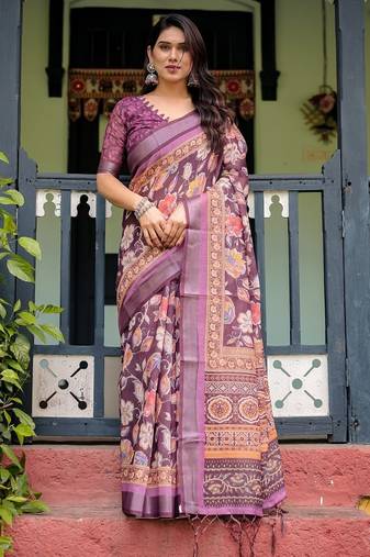 Wine printed art silk designer pallu saree