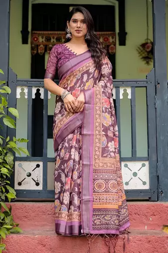 Wine printed art silk designer pallu saree