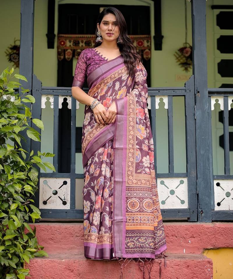 Wine printed art silk designer pallu saree
