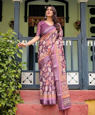 Wine printed art silk designer pallu saree 2
