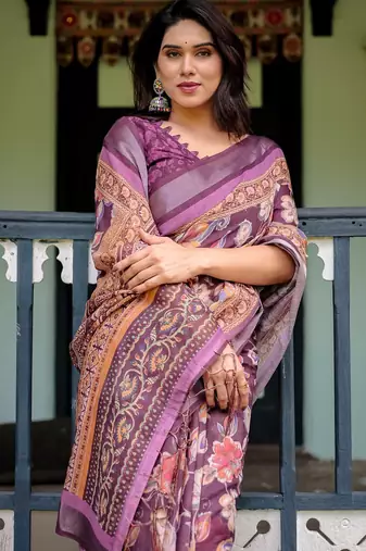 Wine printed art silk designer pallu saree