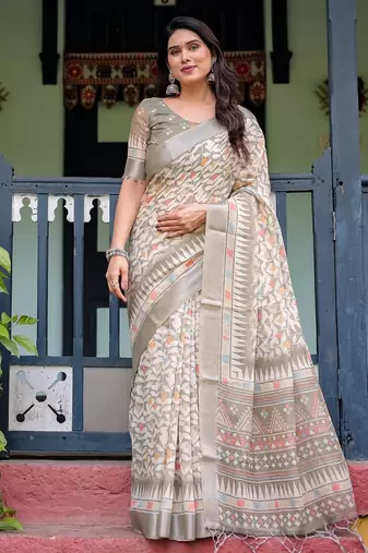 Grey printed art silk designer pallu saree